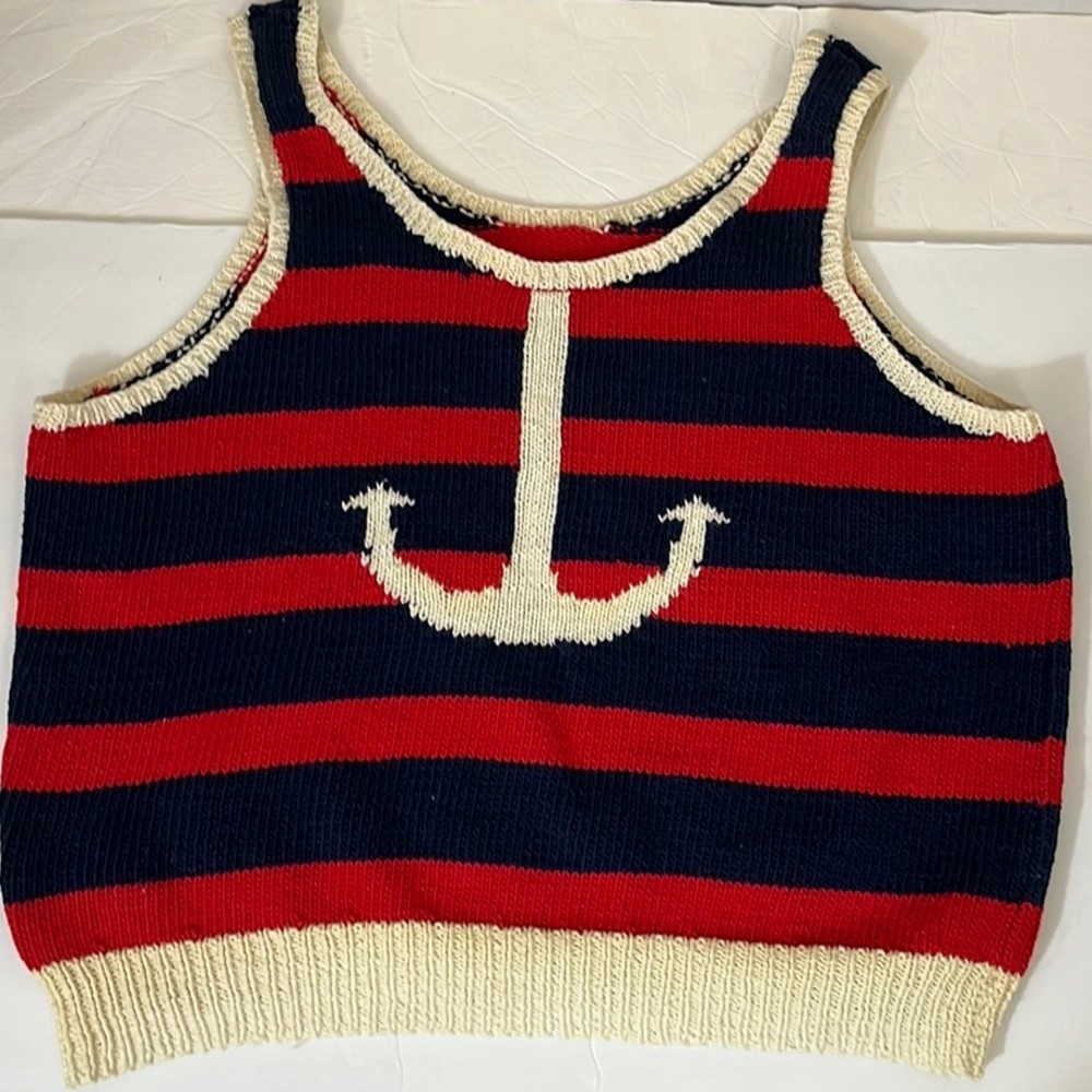 Hand-knit nautical striped anchor fishermen tank sweater navy blue red cropped - Picture 2 of 4